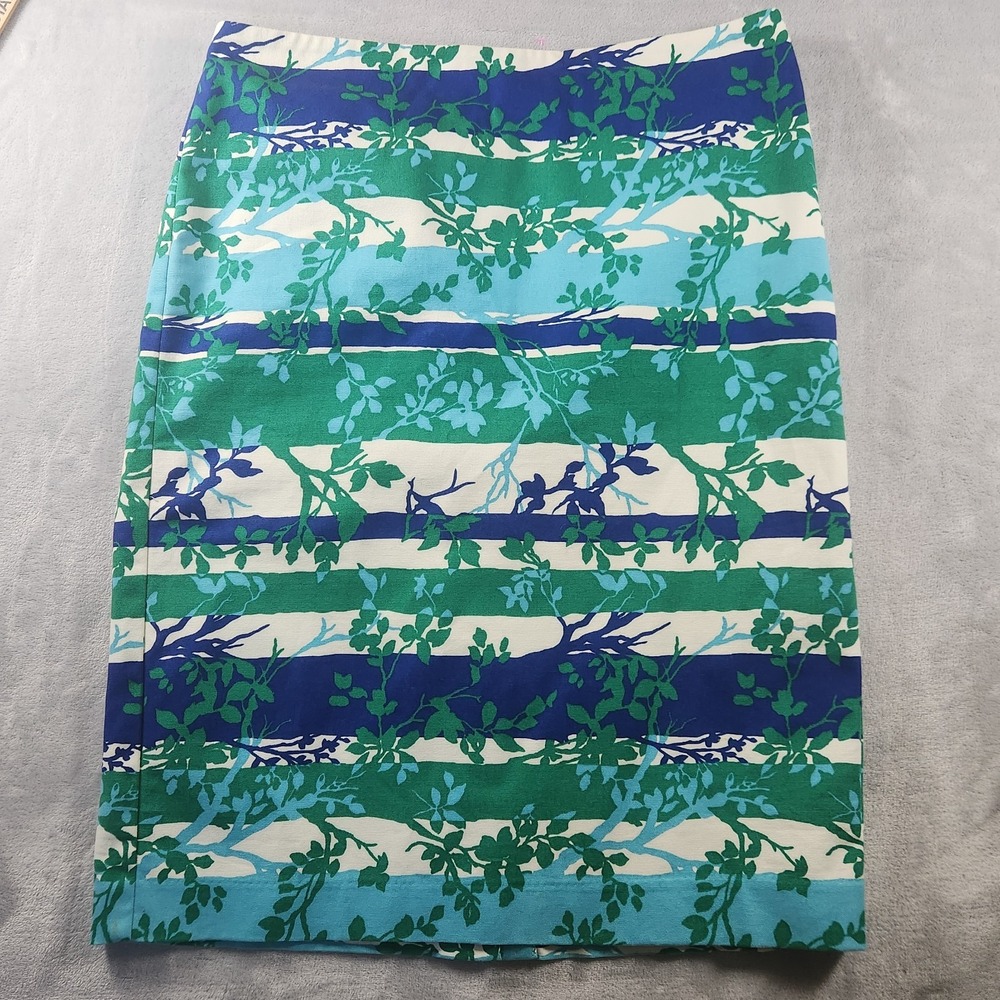Talbots Skirt Women 10 Blue Green Stripe Floral Pencil Cotton Stretch Career